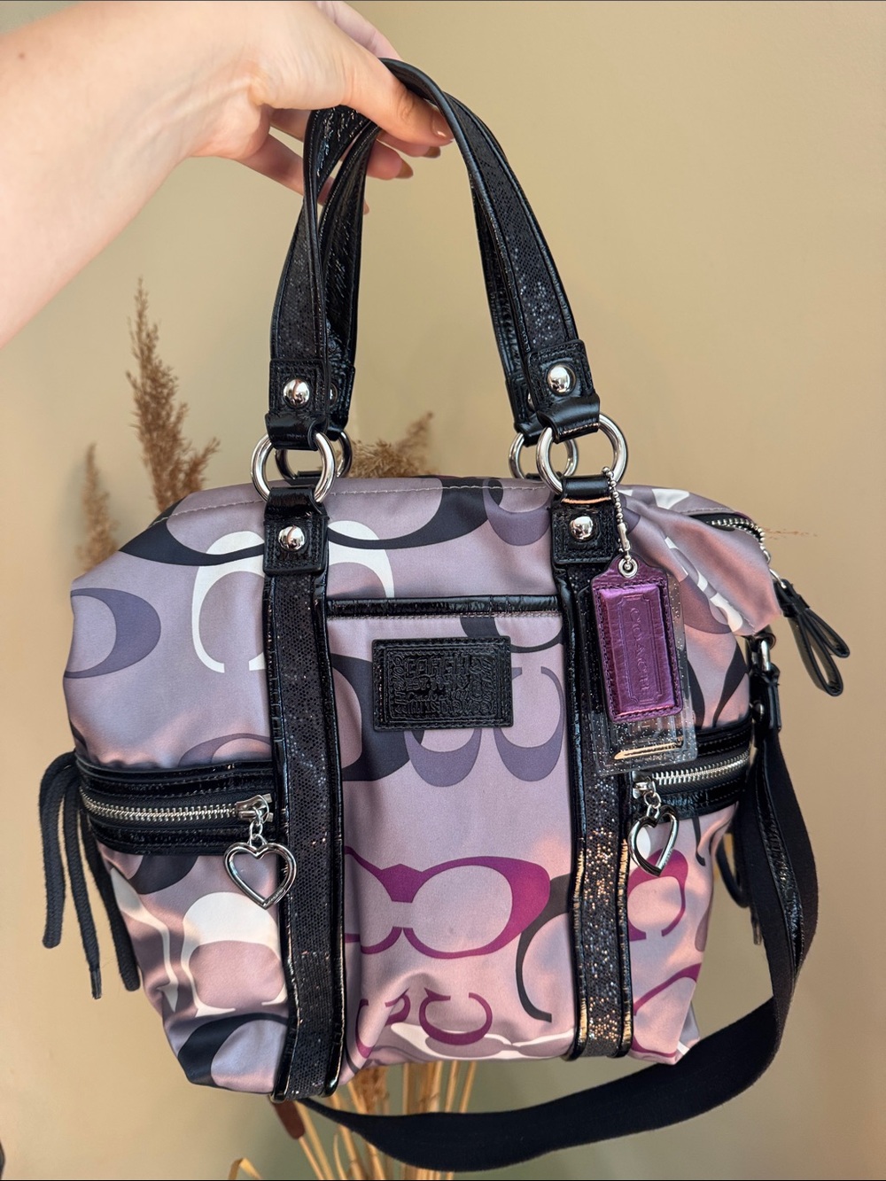 Coach Purple Signature Nylon Shoulder Bag with Black Patent Trim